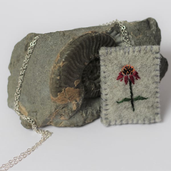 Echinacea Textile Pendant with Sterling Silver Chain