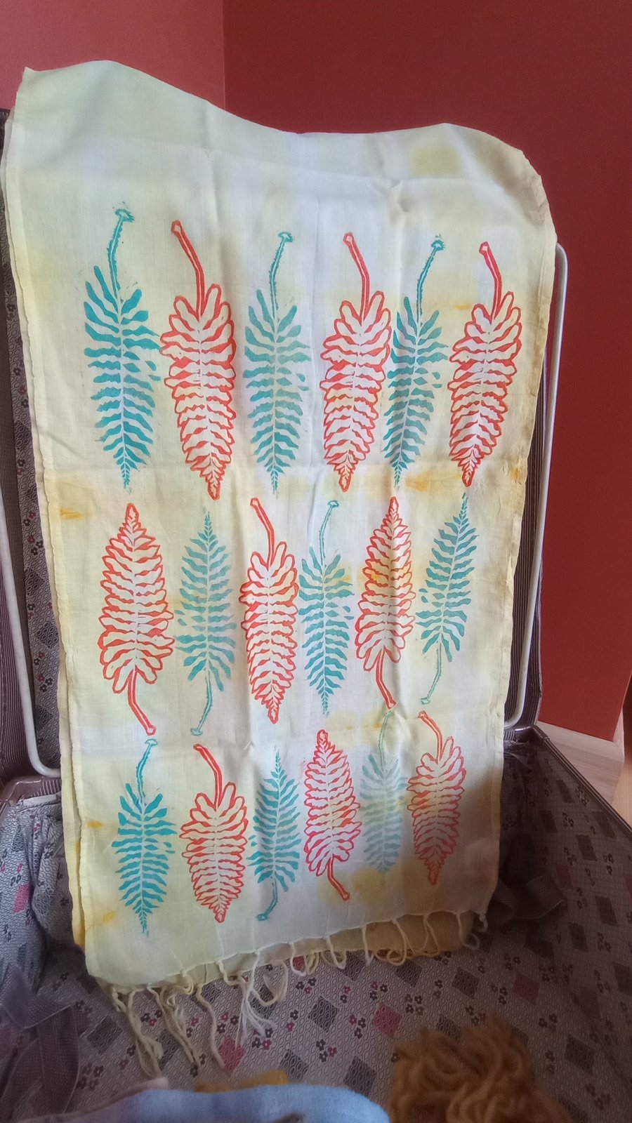 Plant Dyed Fern Leaf Block Printed Organic Cotton Scarf