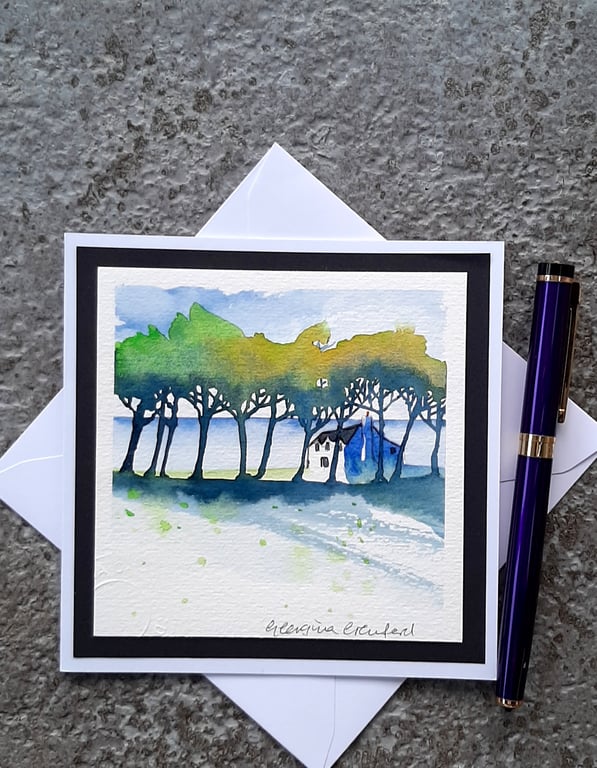 White Cottage Handpainted Blank Card. Letterbox Gift. Keepsake