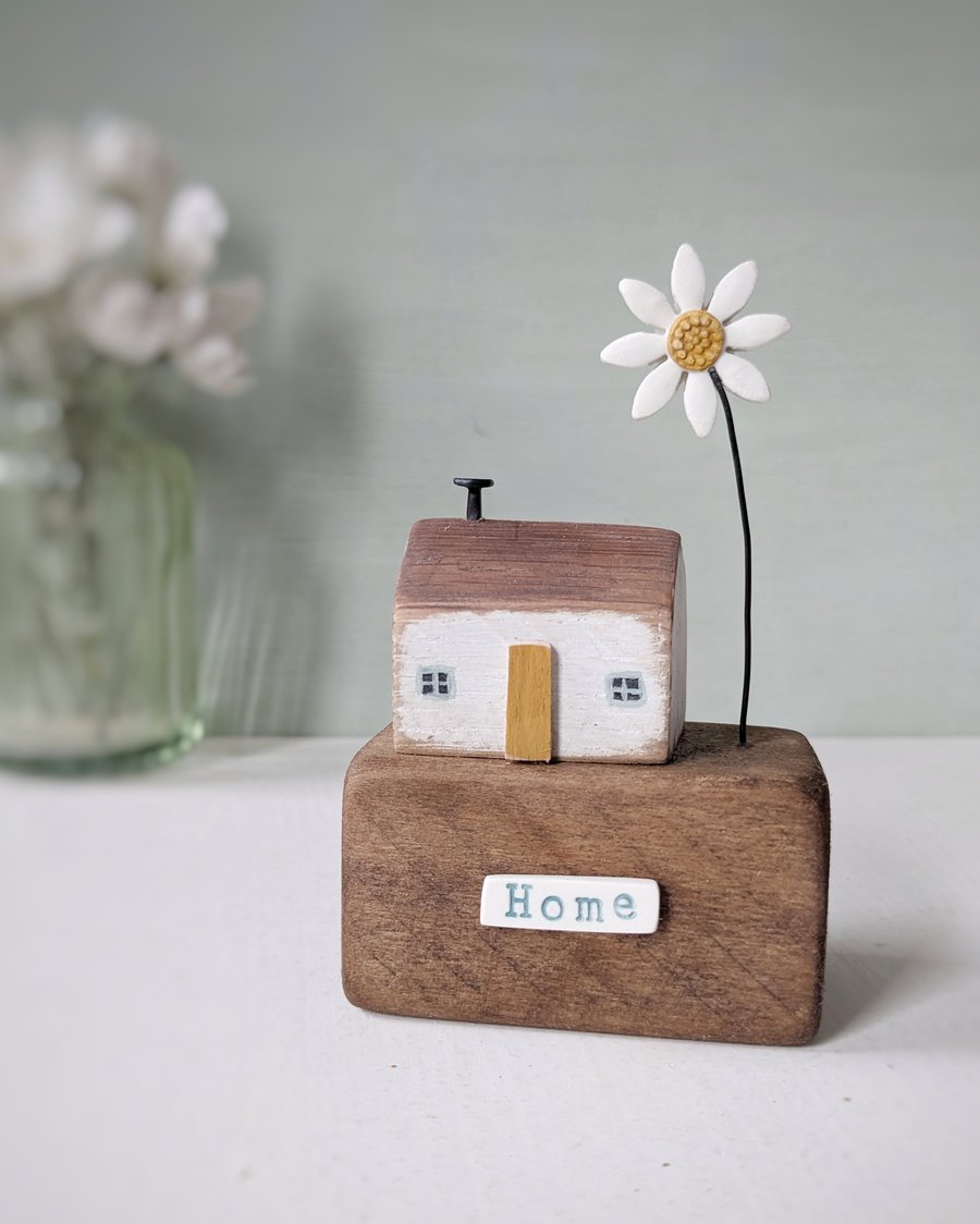 Little Wooden Cottage with Clay Daisy 'Home'
