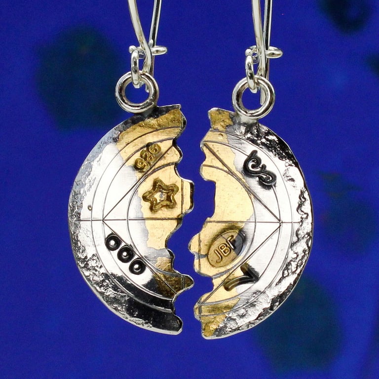 Handmade Keum boo sterling silver and 24-carat gold earrings. Scribed markings 