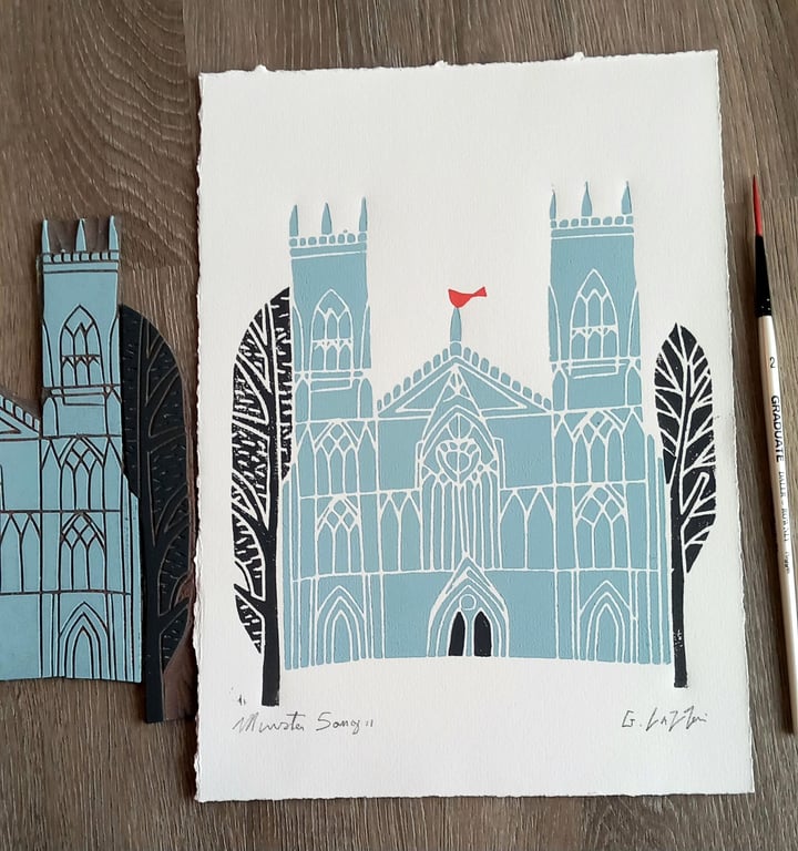 York Minster, Original Linocut, Architecture Lino Print by Giuliana Lazzerini