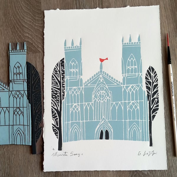 York Minster, Original Linocut, Architecture Lino Print by Giuliana Lazzerini