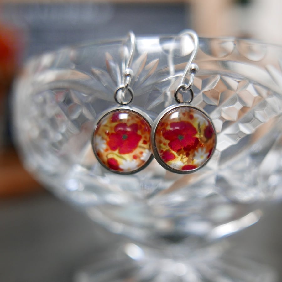 Poppy Dangle Earrings, Floral Art Jewellery, Meadow, Summer, Gift for Her