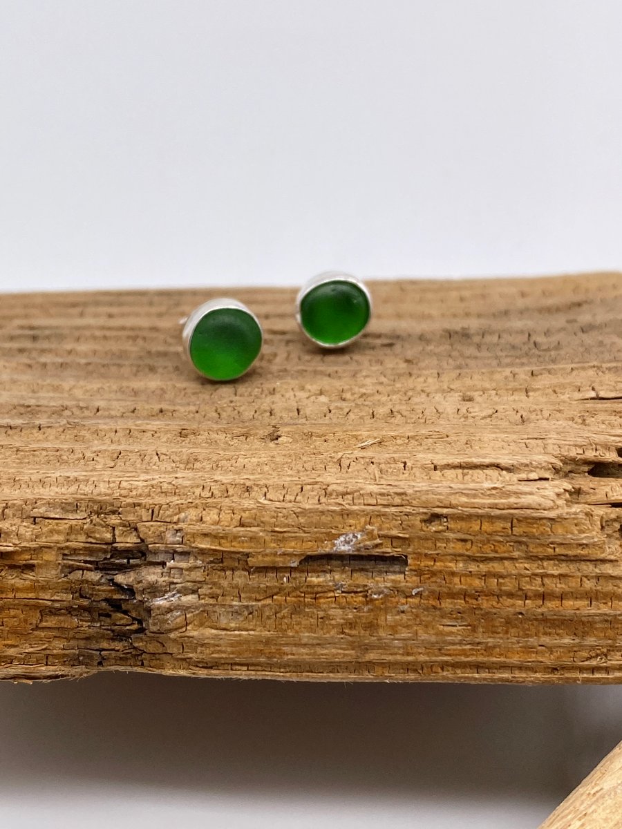 Bottle Green Sea Glass Stud Earrings