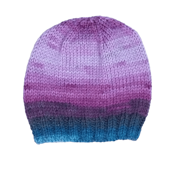 Purple and Blue Baby Hat Hand Knitted with Self-Striping Yarn