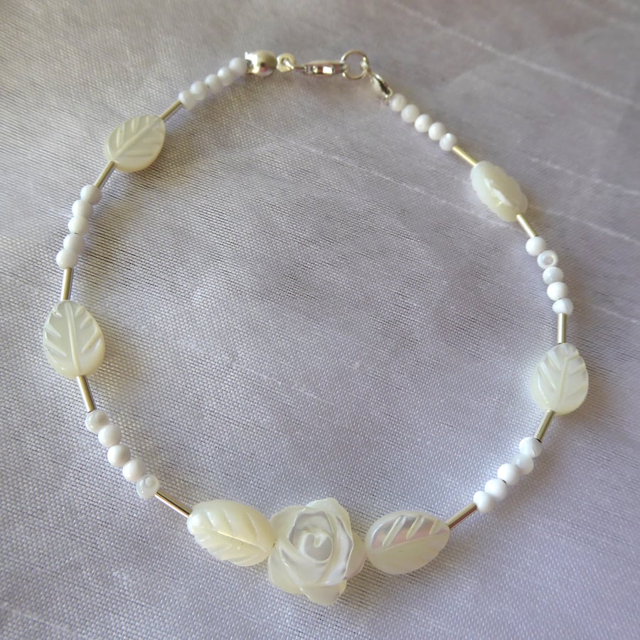  Sterling Silver & Mother of Pearl Leaves & Rose Bracelet