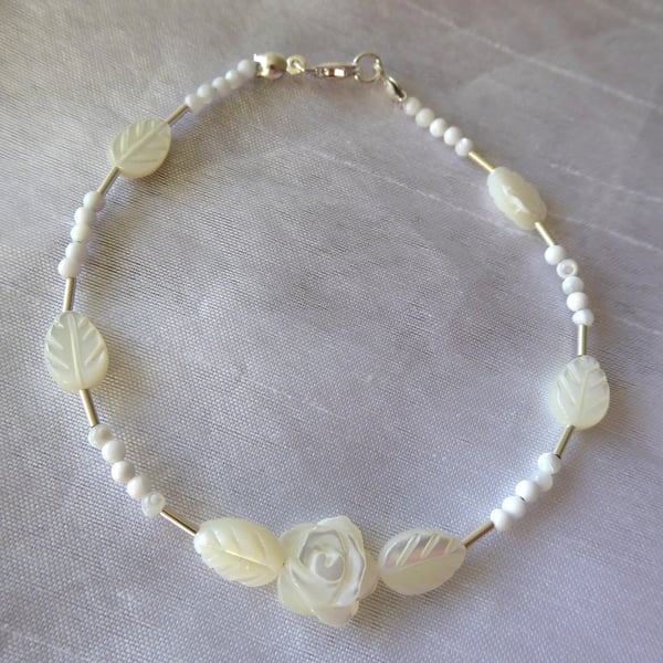  Sterling Silver & Mother of Pearl Leaves & Rose Bracelet