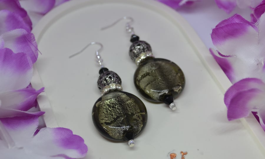 Grey and Black Murano Style Dangle Earrings