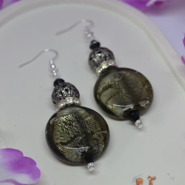Grey and Black Murano Style Dangle Earrings