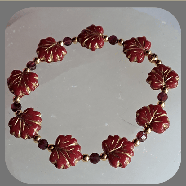 Czech glass, Garnet and Vermeil Leaf bracelet