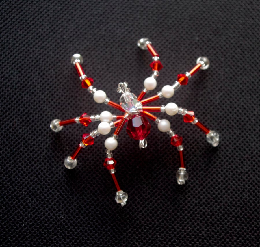 Beaded Christmas Spider Decoration. Glittering Christmas Spider. Red & White