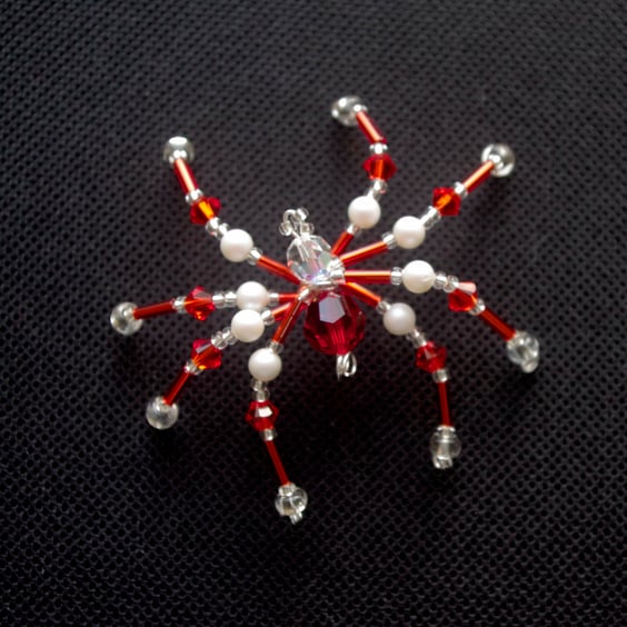 Beaded Christmas Spider Decoration. Glittering Christmas Spider. Red & White