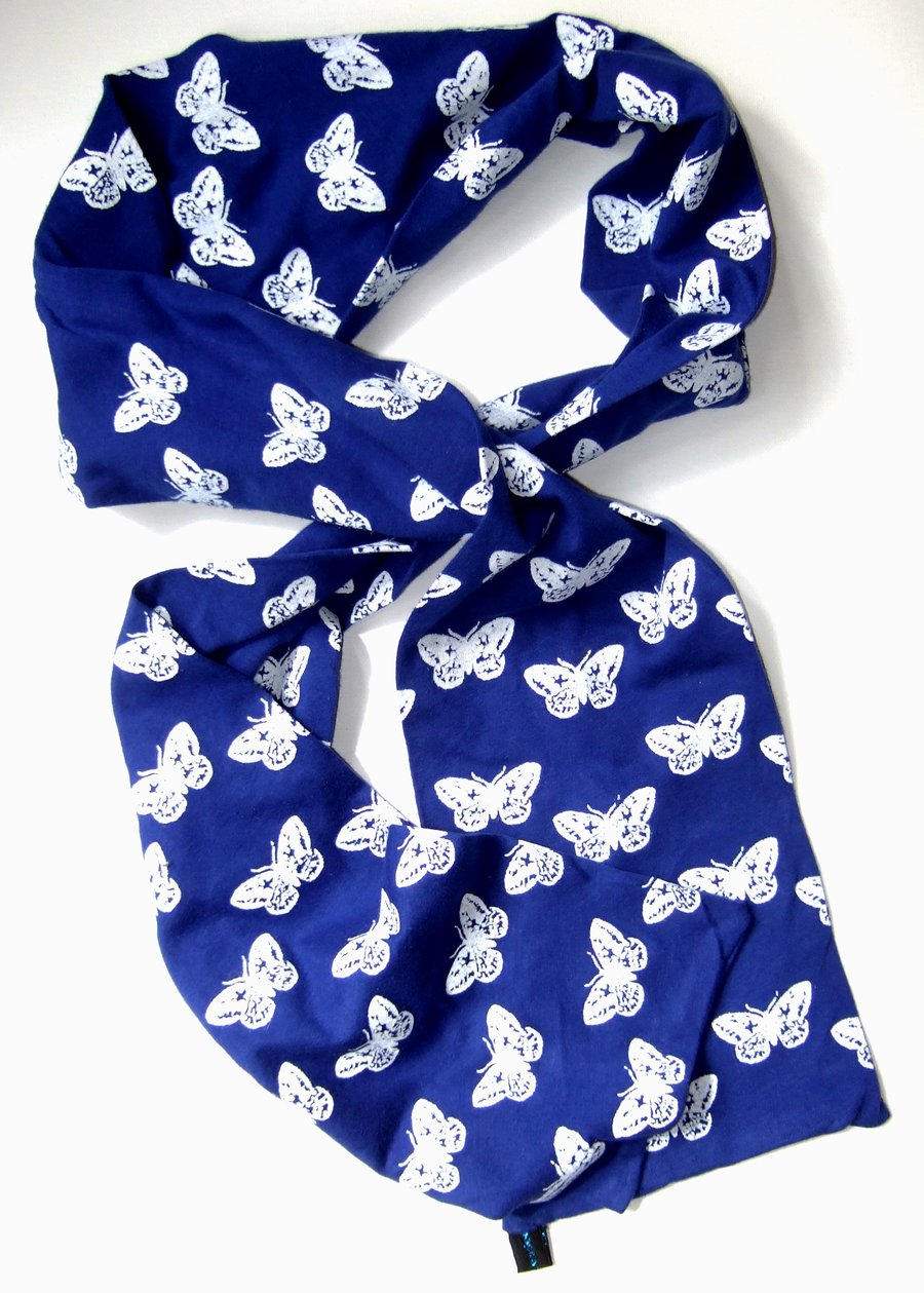 Moth pattern Hand printed cotton jersey scarf deep  blue with white moth print