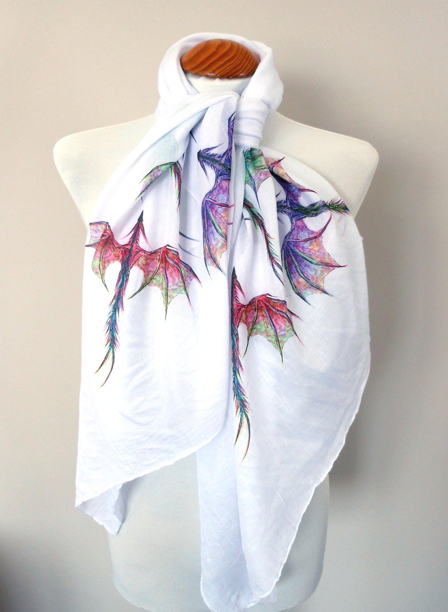 Dragon Scarf - Mythical Fantasy Dragons Fashion. White. Lightweight