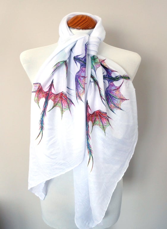 Dragon Scarf - Mythical Fantasy Dragons Fashion. White. Lightweight