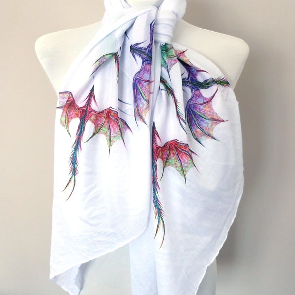 Dragon Scarf - Mythical Fantasy Dragons Fashion. White. Lightweight