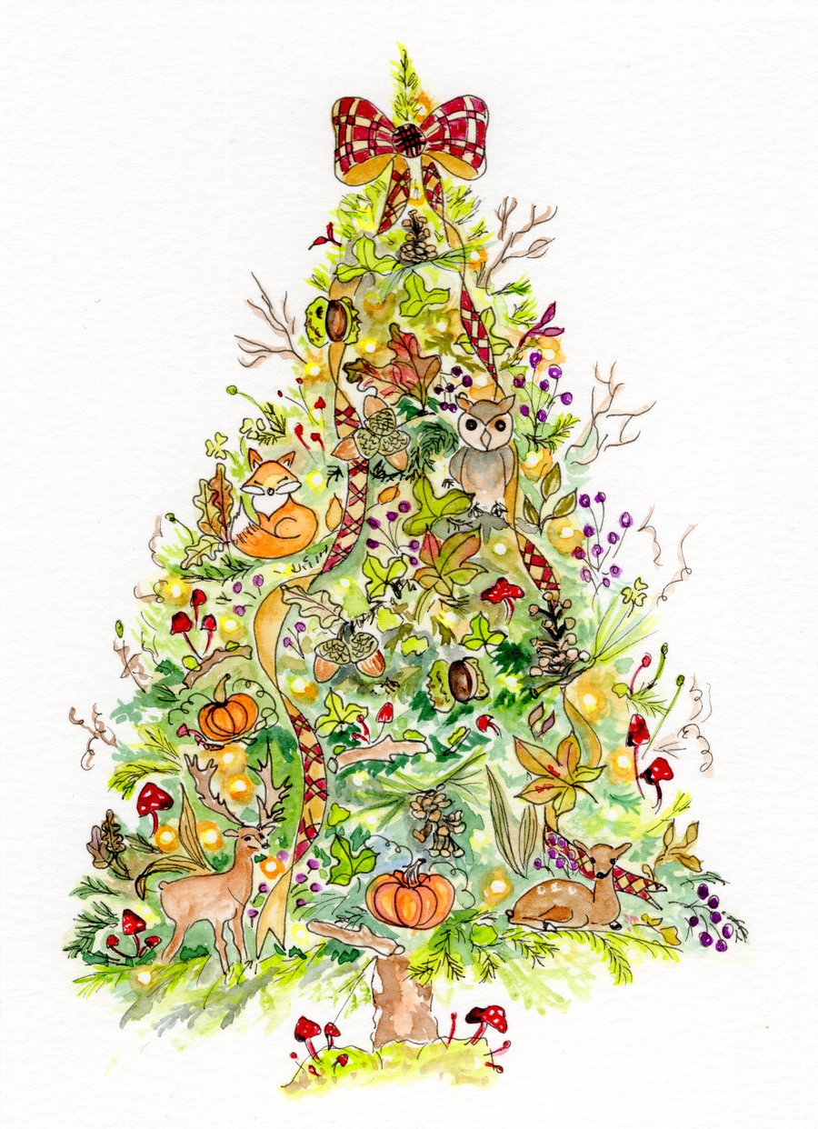 Autumn Woodland Christmas Tree Card – Fox, Owl & Woodland Inspired Festive Tree