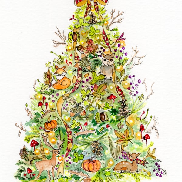 Autumn Woodland Christmas Tree Card – Fox, Owl & Woodland Inspired Festive Tree