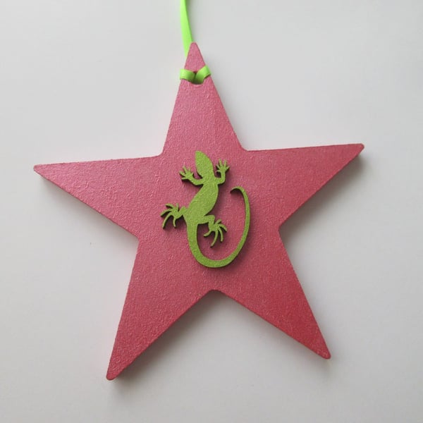 Lizard Reptile Star Christmas Tree Decoration Lime Green Red