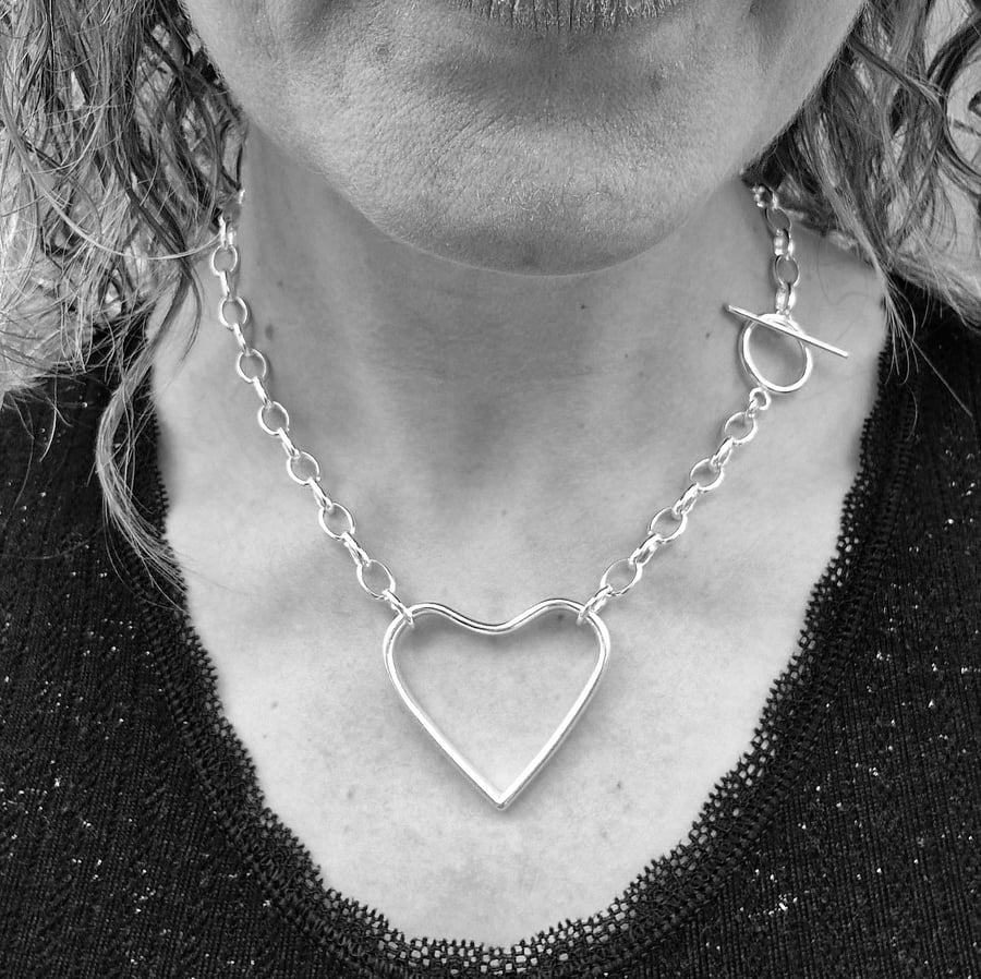 Sterling Silver Large Statement Chunky Heart Chain Necklace