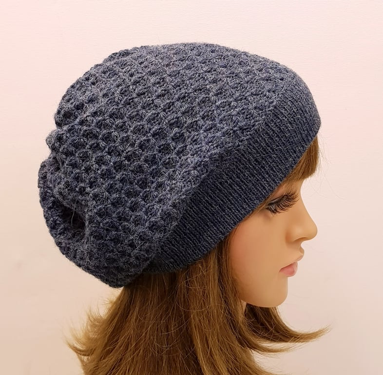 Dark blue alpaca hat for women, slouchy beanie hat, baggy beret