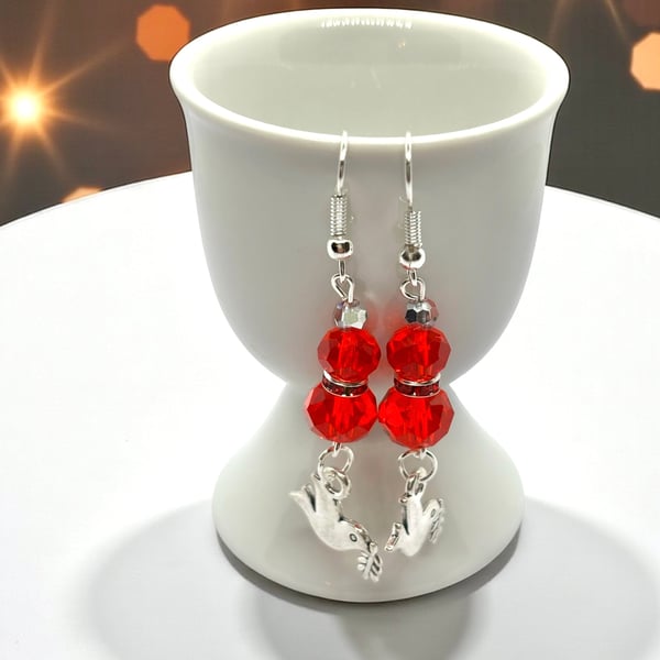 Sparkly Red Earrings with Turtle Dove Charm