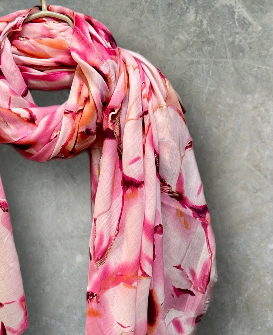 Abstract Light Pink Scarf With Gold Accents Cotton Blend Scarf for Women