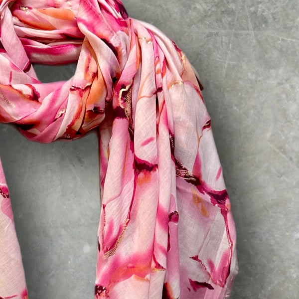 Abstract Light Pink Scarf With Gold Accents Cotton Blend Scarf for Women