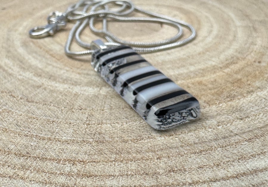 A Beautiful Handmade Black and White Striped Fused Glass Pendant 