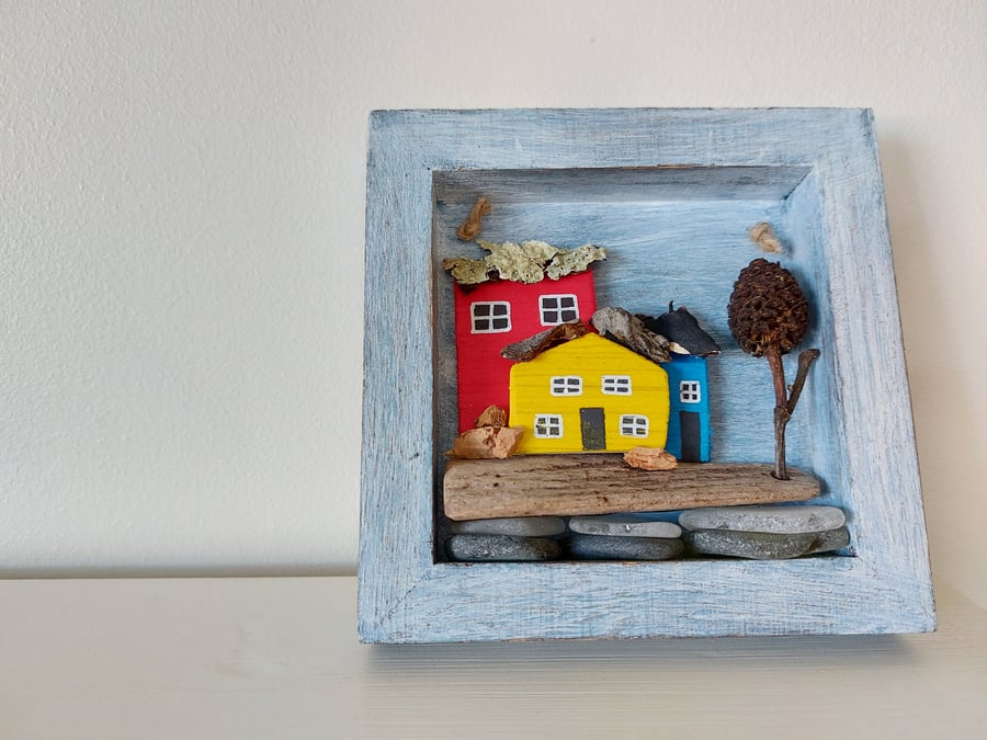 Rustic Hand Painted Driftwood Houses, Wooden Hanging Decoration, Sea Glass