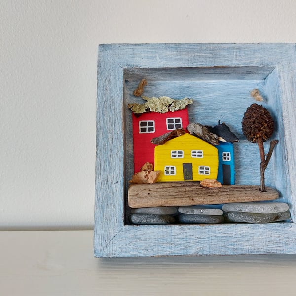 Rustic Hand Painted Driftwood Houses, Wooden Hanging Decoration, Sea Glass