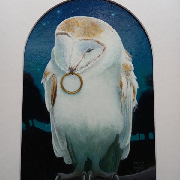 Framed oil painting 'Sleeping Barn Owl' 