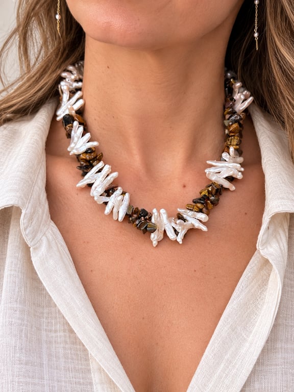 Earth & Pearl – Double-Strand Keshi Biwa Pearl & Tiger's Eye Necklace