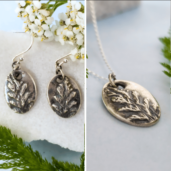 Recycled Silver Wildflower Pendant and Earrings Gift Set - Yarrow Leaf