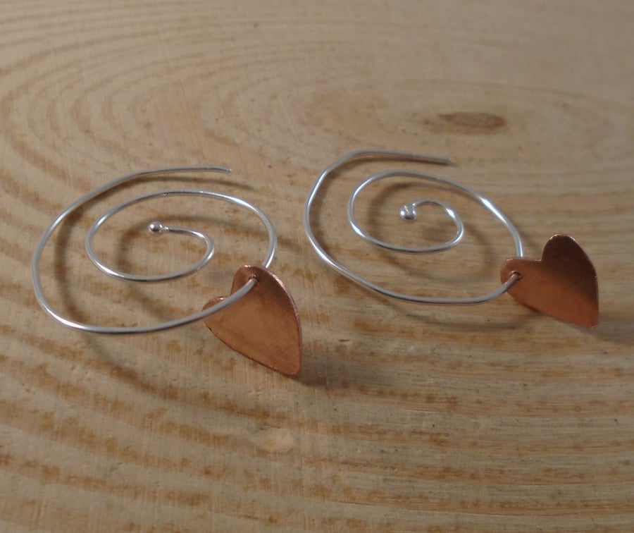 Sterling Silver and Copper Spiral Heart Earrings