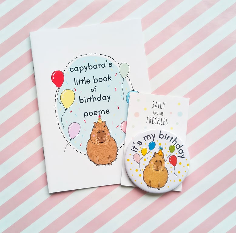 A5 birthday poem zine and capybara badge - birthday gift