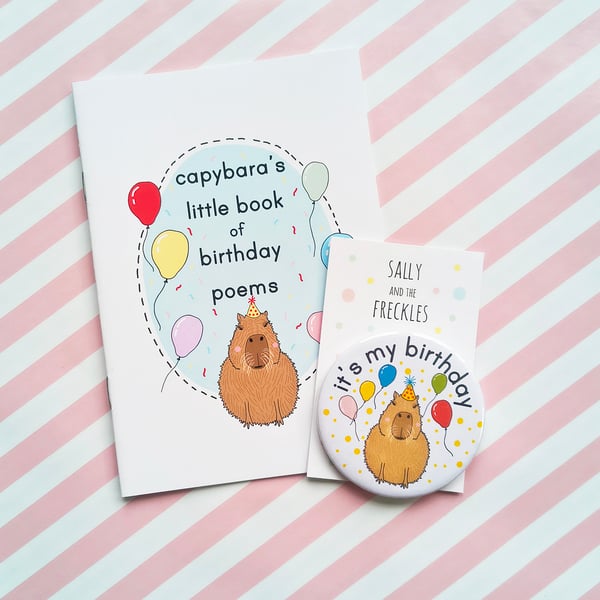 A5 birthday poem zine and capybara badge - birthday gift