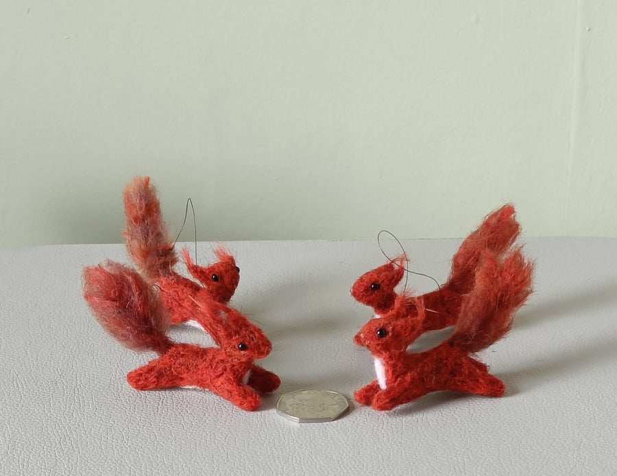 Wee red squirrels leaping -dark red