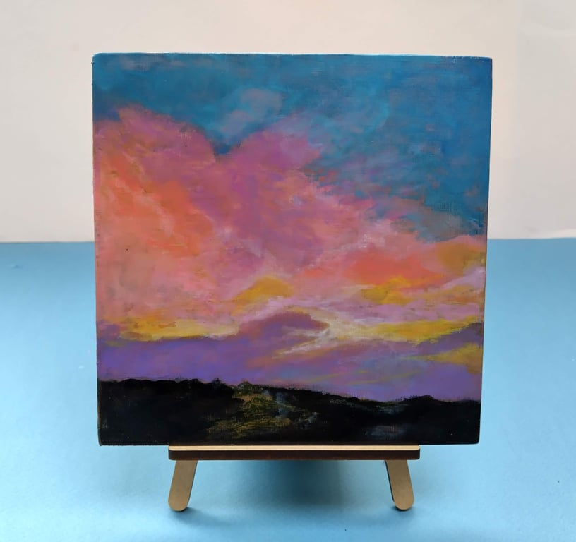 Sky Fire - An original mixed media painting on a wood block with a display stand
