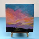 Sky Fire - An original mixed media painting on a wood block with a display stand