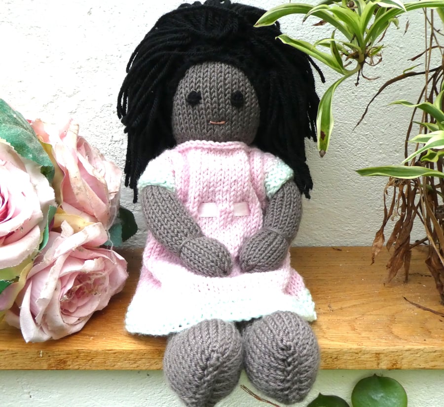 Doll. 12" Hand Knitted Doll Black African Doll Made in Wool With Removable Dress