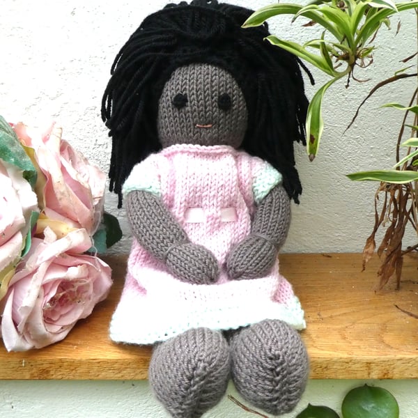 Doll. 12" Hand Knitted Doll Black African Doll Made in Wool With Removable Dress