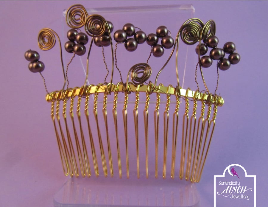 Art Nouveau Style Brown Flower Gold Hair Comb