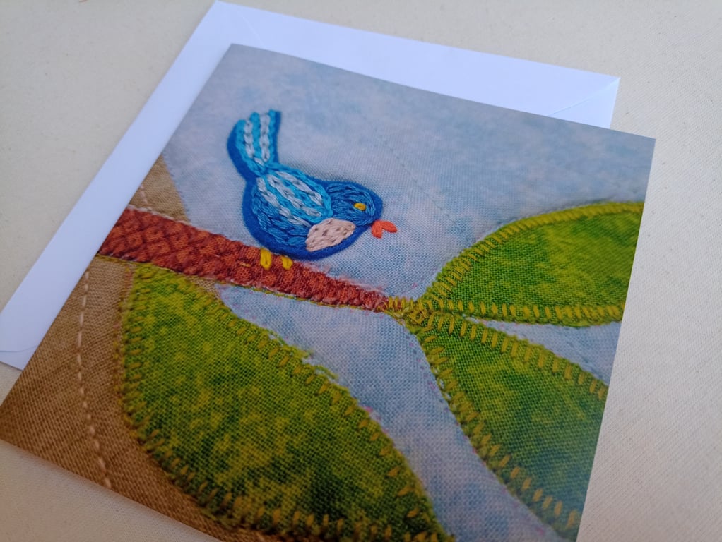 Blue Bird printed blank card, based on my own embroidered applique design
