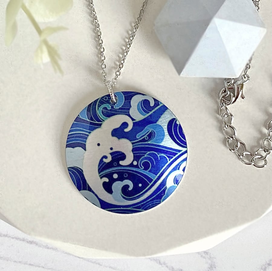 Ocean blue surf necklace, 32mm disc pendant, handmade jewellery. (593)