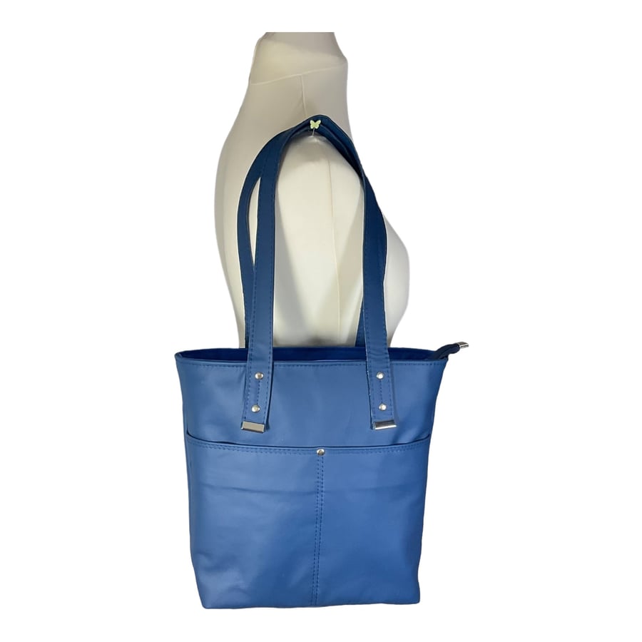 Genuine leather tote bag, medium sized blue shoulder bag