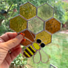 Stained Glass Honeycomb and Bee Suncatcher - Handmade Window Decoration - Amber