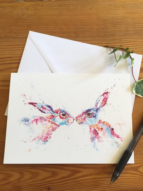 Kissing Hares Card, A5 blank greeting card with a watercolour of 2 hares