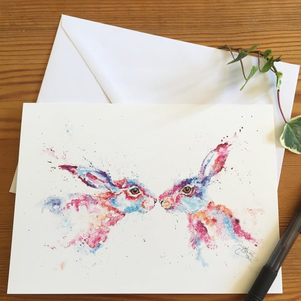 Kissing Hares Card, Hare Greetings Card, Hare Design, Wildlife Art, Note Card, A